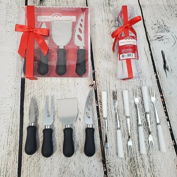 Black 4 Piece Cheese Knife Set and White 6 Piece Appetizer Fork Set - Picture 1 of 8